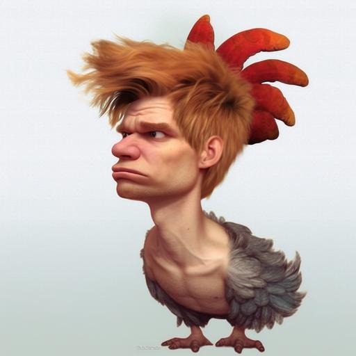 Drawn realistic, Mythical, goofy pose. Chicken with human head  . Cartoon.