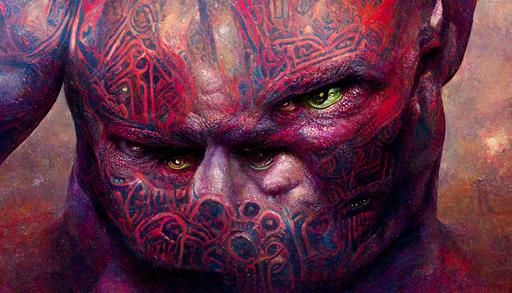 Drax ,one of the Guardians of the Galaxy, is a purple-skinned, intimidating muscle-bound hard man with intricate rune tattoo patterns that run throughout his body that give a brightly coloured luminous red contrast to his muted skin tones, by H.R. Giger, by Ismail Inceoglu, by Karol Bak, by Kim Tschang Yeul, by Ralph Steadman --ar 16:9