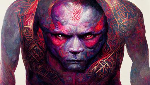 Drax ,one of the Guardians of the Galaxy, is a purple-skinned, intimidating muscle-bound hard man with intricate rune tattoo patterns that run throughout his body that give a brightly coloured luminous red contrast to his muted skin tones, by H.R. Giger, by Ismail Inceoglu, by Karol Bak, by Kim Tschang Yeul, by Ralph Steadman --ar 16:9