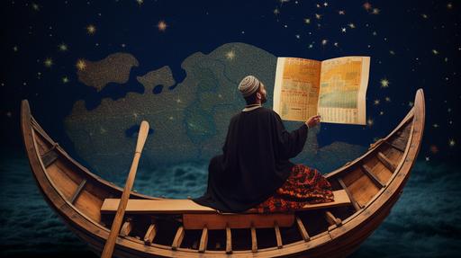 Dream-like surreal collage. A 4K photograph of a sailor on the bow of a reed ship holding up a map of the Silk Road in the style of an illuminated manuscript with brightly colored labels and lines connecting Mesopotamia to the Indus Valley. In the distance an indigo sea crafted from velvet lies below a dark indigo night sky full of looming black clouds. 5 small guffa boats with 2 people each row to the shore of a majestic far off port city --ar 16:9 --v 5 --q 2