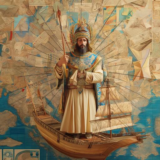 Dream-like surreal collage. A vivid 4K photograph captures a sun-tanned sailor, clad in traditional maritime attire, standing confidently on the bow of an intricately woven reed ship. He triumphantly holds up a detailed map of the Silk Road, styled as an illuminated manuscript with an elaborate golden border, brightly colored labels, and lines weaving their way through the ancient world, connecting the bustling markets of Mesopotamia to the fragrant spice bazaars of the Indus Valley. In the background, an indigo sea crafted from luxurious velvet stretches endlessly, its waves gently rippling under the weight of history. Beneath a dark indigo night sky, ominous black clouds loom, filled with the whispers of long-lost travelers and merchants. The sky is illuminated by a smattering of stars, each a representation of the various cultures and people who played a role in the indigo trade. Five small guffa boats, crafted from woven reeds and adorned with traditional motifs, navigate the velvet sea. In each boat, two people representing diverse backgrounds – a skilled dyer with hands stained deep blue, and a merchant wearing a finely embroidered silk robe – row purposefully toward the shore of a majestic, far-off port city. The city's skyline is marked by the silhouette of towering minarets, grand domes, and ornate archways, a testament to the rich history and cultural exchanges brought by the indigo trade. --ar 1:1 --v 5 --q 2