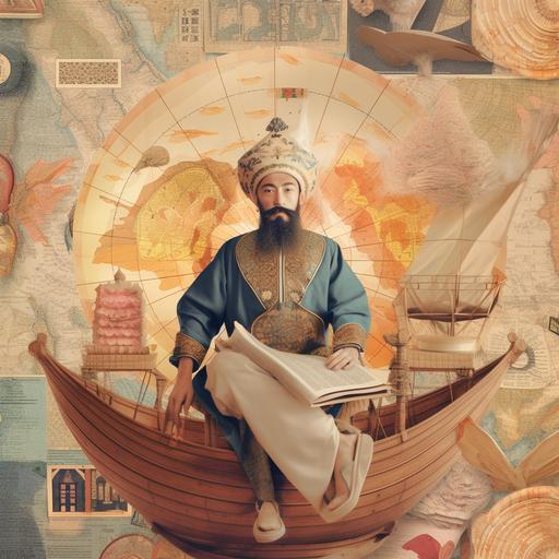 Dream-like surreal collage. A vivid 4K photograph captures a sun-tanned sailor, clad in traditional maritime attire, standing confidently on the bow of an intricately woven reed ship. He triumphantly holds up a detailed map of the Silk Road, styled as an illuminated manuscript with an elaborate golden border, brightly colored labels, and lines weaving their way through the ancient world, connecting the bustling markets of Mesopotamia to the fragrant spice bazaars of the Indus Valley. In the background, an indigo sea crafted from luxurious velvet stretches endlessly, its waves gently rippling under the weight of history. Beneath a dark indigo night sky, ominous black clouds loom, filled with the whispers of long-lost travelers and merchants. The sky is illuminated by a smattering of stars, each a representation of the various cultures and people who played a role in the indigo trade. Five small guffa boats, crafted from woven reeds and adorned with traditional motifs, navigate the velvet sea. In each boat, two people representing diverse backgrounds – a skilled dyer with hands stained deep blue, and a merchant wearing a finely embroidered silk robe – row purposefully toward the shore of a majestic, far-off port city. The city's skyline is marked by the silhouette of towering minarets, grand domes, and ornate archways, a testament to the rich history and cultural exchanges brought by the indigo trade. --ar 1:1 --v 5 --q 2