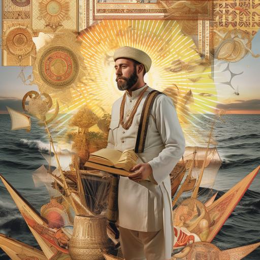 Dream-like surreal collage. A vivid 4K photograph captures a sun-tanned sailor, clad in traditional maritime attire, standing confidently on the bow of an intricately woven reed ship. He triumphantly holds up a detailed map of the Silk Road, styled as an illuminated manuscript with an elaborate golden border, brightly colored labels, and lines weaving their way through the ancient world, connecting the bustling markets of Mesopotamia to the fragrant spice bazaars of the Indus Valley. In the background, an indigo sea crafted from luxurious velvet stretches endlessly, its waves gently rippling under the weight of history. Beneath a dark indigo night sky, ominous black clouds loom, filled with the whispers of long-lost travelers and merchants. The sky is illuminated by a smattering of stars, each a representation of the various cultures and people who played a role in the indigo trade. Five small guffa boats, crafted from woven reeds and adorned with traditional motifs, navigate the velvet sea. In each boat, two people representing diverse backgrounds – a skilled dyer with hands stained deep blue, and a merchant wearing a finely embroidered silk robe – row purposefully toward the shore of a majestic, far-off port city. The city's skyline is marked by the silhouette of towering minarets, grand domes, and ornate archways, a testament to the rich history and cultural exchanges brought by the indigo trade. --ar 1:1 --v 5 --q 2