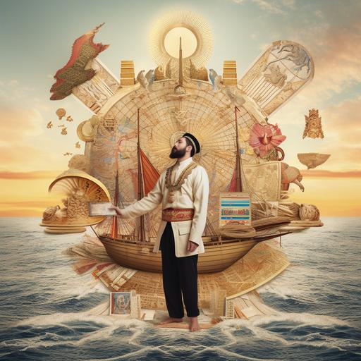 Dream-like surreal collage. A vivid 4K photograph captures a sun-tanned sailor, clad in traditional maritime attire, standing confidently on the bow of an intricately woven reed ship. He triumphantly holds up a detailed map of the Silk Road, styled as an illuminated manuscript with an elaborate golden border, brightly colored labels, and lines weaving their way through the ancient world, connecting the bustling markets of Mesopotamia to the fragrant spice bazaars of the Indus Valley. In the background, an indigo sea crafted from luxurious velvet stretches endlessly, its waves gently rippling under the weight of history. Beneath a dark indigo night sky, ominous black clouds loom, filled with the whispers of long-lost travelers and merchants. The sky is illuminated by a smattering of stars, each a representation of the various cultures and people who played a role in the indigo trade. Five small guffa boats, crafted from woven reeds and adorned with traditional motifs, navigate the velvet sea. In each boat, two people representing diverse backgrounds – a skilled dyer with hands stained deep blue, and a merchant wearing a finely embroidered silk robe – row purposefully toward the shore of a majestic, far-off port city. The city's skyline is marked by the silhouette of towering minarets, grand domes, and ornate archways, a testament to the rich history and cultural exchanges brought by the indigo trade. --ar 1:1 --v 5 --q 2