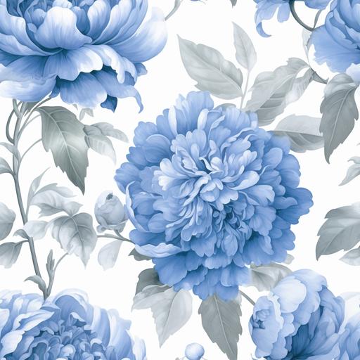 Dreamy floral budding blue peony with buds, periwinkle blue hydrangea bunches with eucalyptus sprigs, victorian shabby chic vintage Minimalist, 10K, modern, soft lighting, vector graphic, some symmetry, intricate details, high definition realistic details, blue floral colorbook, subtle small watercolor vine texture seemless background in textured complimentary soft color, high detail, ultra-high quality, half drop repeat seamless, high-resolution, high-definition, 16K, 3D render --ar 1:1 --tile --v 5.1