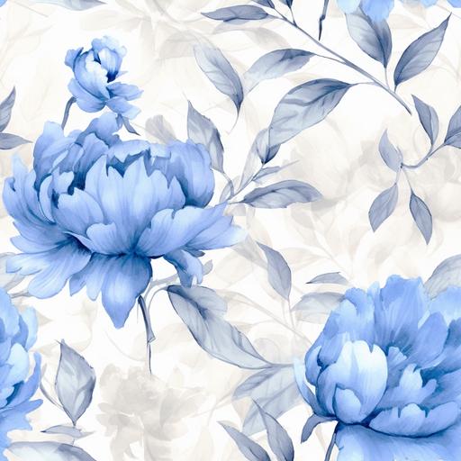 Dreamy floral budding blue peony with buds, periwinkle blue hydrangea bunches with eucalyptus sprigs, victorian shabby chic vintage Minimalist, 10K, modern, soft lighting, vector graphic, some symmetry, intricate details, high definition realistic details, blue floral colorbook, subtle small watercolor vine texture seemless background in textured complimentary soft color, high detail, ultra-high quality, half drop repeat seamless, high-resolution, high-definition, 16K, 3D render --ar 1:1 --tile --v 5.1