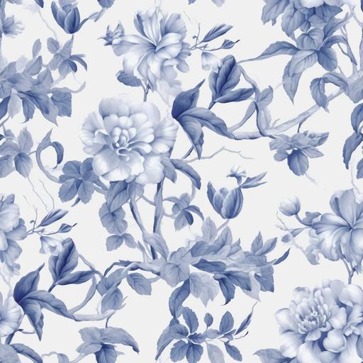 Dreamy periwinkle blue and white florals Toile de jouy chinosierie seamless pattern. Minimalist, 10K, modern, soft lighting, vector graphic, some symmetry, intricate details, high definition realistic details, blue and white floral colorbook, subtle small watercolor vine texture seemless background in textured complimentary soft color, high detail, ultra-high quality, half drop repeat seamless, high-resolution, high-definition, 16K, 3D render --ar 1:1 --tile --v 5.1