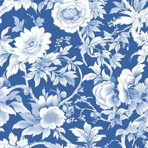 Dreamy periwinkle blue and white florals Toile de jouy chinosierie seamless pattern. Minimalist, 10K, modern, soft lighting, vector graphic, some symmetry, intricate details, high definition realistic details, blue and white floral colorbook, subtle small watercolor vine texture seemless background in textured complimentary soft color, high detail, ultra-high quality, half drop repeat seamless, high-resolution, high-definition, 16K, 3D render --ar 1:1 --tile --v 5.1