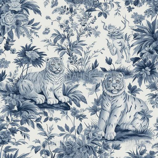 Dreamy periwinkle blue and white tiger Toile de jouy chinosierie seamless pattern. Minimalist, 10K, modern, soft lighting, vector graphic, some symmetry, intricate details, high definition realistic details, blue and white floral colorbook, subtle small watercolor vine texture seemless background in textured complimentary soft color, high detail, ultra-high quality, half drop repeat seamless, high-resolution, high-definition, 16K, 3D render --s 750 --v 5.0