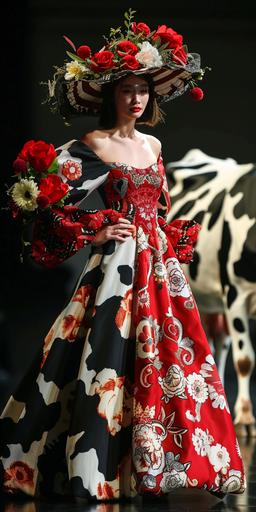Dress design based on May born and cow animal, walking in fashion show, real photo, realistic, 4k, --ar 1:2 --v 6.0