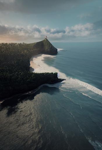 Drone Shot , Ocean, volcanic Cliffs of Uluwatu , Bali Indonesia, wave accents wrap around the Bukit Peninsula, Heavy surf lineup , Indonesian fishing boats, Warung’s shops, Single Fin Restaurant , partly cloudy, movie level quality, ultra high res, realistic, trending on artstation, octane render, unreal --ar 9:16 --test --creative --upbeta