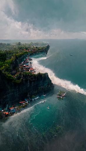 Drone Shot , Ocean, volcanic Cliffs of Uluwatu , Bali Indonesia, wave accents wrap around the Bukit Peninsula, Heavy surf lineup , Indonesian fishing boats, Warung’s shops, Single Fin Restaurant , partly cloudy, movie level quality, ultra high res, realistic, trending on artstation, octane render, unreal --ar 9:16