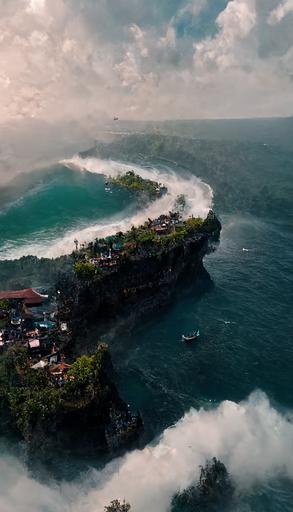 Drone Shot , Ocean, volcanic Cliffs of Uluwatu , Bali Indonesia, wave accents wrap around the Bukit Peninsula, Heavy surf lineup , Indonesian fishing boats, Warung’s shops, Single Fin Restaurant , partly cloudy, movie level quality, ultra high res, realistic, trending on artstation, octane render, unreal --ar 9:16