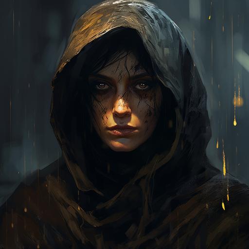 Druid witch, wearing a black robe with hood. The eyes and lips are stained with black paint. She is mature, an old woman, and has a yellow symbol painted on her forehead. Short black hair under the hood. Cold and serious look, with large eyes, dark fantasy setting, speedpaint style, character portrait, impressionist oil art, gritty brushes, mournful mood, style of Symbaroum, style of Martin Grip, style of Richard Anderson