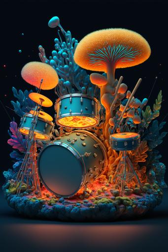 Drum set,fire, drum stick,fractals, mushrooms, space, cymbal, neon, snike, fluorescent, marijuana, high, trippy, cannabis, joint, ultra realistic, octane render, photorealistc, intricate details, 4K, 8K, RTX ,comic book art style, art deco architecture, aspect ratio 16:9 --v 4 --ar 2:3