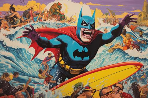 Drunk Batman surfing, Santa Cruz Carnival in the background, fake shark poking head out of water and laughing at Drunk Batman, style of 60's color television, --v 5.2 --ar 3:2
