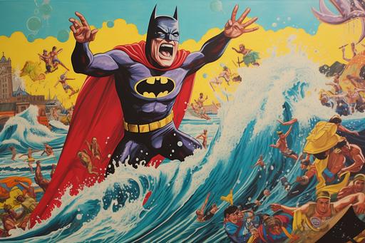 Drunk Batman surfing, Santa Cruz Carnival in the background, fake shark poking head out of water and laughing at Drunk Batman, style of 60's color television, --v 5.2 --ar 3:2