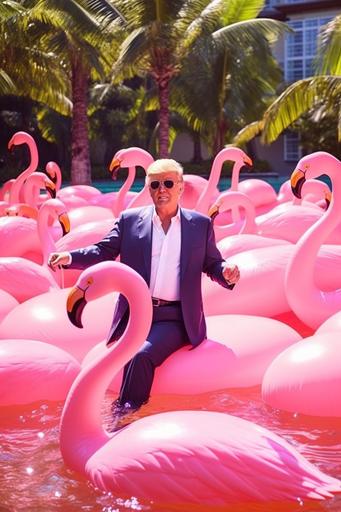 Drunk Donald trump with a pink flamingo inflatable float inside pool, pool party, lsd, many girls in pool, crazy party, HD --ar 2:3 --upbeta --q 2 --s 750 --v 5.1 --style raw