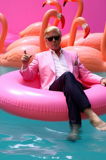 Drunk Donald trump with a pink flamingo inflatable float inside pool, pool party, lsd, many girls in pool, crazy party, HD --ar 2:3 --upbeta --q 2 --s 750 --v 5.1 --style raw