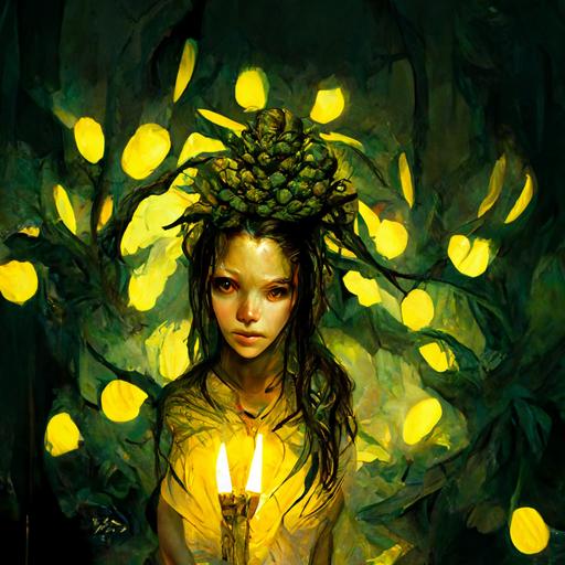 Dryad holding round yellow glowing lightbulb in hands, Dryad, plant girl, darkness around, cavern , crying, happy, Johannes Voss artstyle, dying, green dryad, dark surroundings, ONE SHOT, one shot game, Maize, Thorns aroud, Thorns dryad, facing camera, Maize character