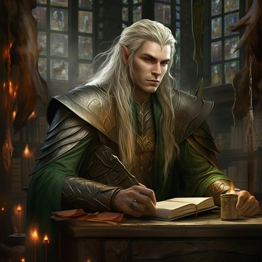 Dungeons and Dragons character, elven god with quill and ink, lots of bound journals, ultra realistic with library background