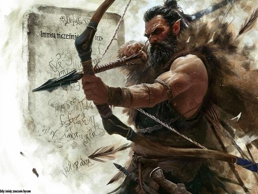 Dungeons and Dragons character, human ranger, trailblazer from the West, ex-soldier, fighter with longbow and spear, sword beside him, long yet thin braided beard, old scars, wolfs and bears pelts on his shoulder, jaguar and lion loincloth, majestic noble character, wise and good yet dangerous and fearsome. Ghost of ancient hero and traveler, effemeric and trasparent, liquid and radiant character, ghost, phantom, spectre, wraith, undead dweller around a marble tombstone with gothic script 