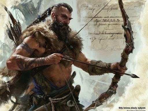 Dungeons and Dragons character, human ranger, trailblazer from the West, ex-soldier, fighter with longbow and spear, sword beside him, long yet thin braided beard, old scars, wolfs and bears pelts on his shoulder, jaguar and lion loincloth, majestic noble character, wise and good yet dangerous and fearsome. Ghost of ancient hero and traveler, effemeric and trasparent, liquid and radiant character, ghost, phantom, spectre, wraith, undead dweller around a marble tombstone with gothic script 