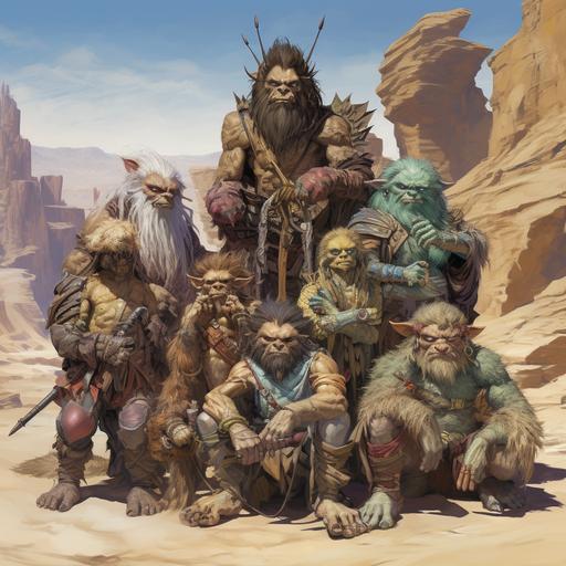 Dungeons and Dragons, group Picture, small trolls, big trolls, outside, desert