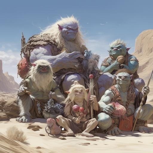 Dungeons and Dragons, group Picture, small trolls, big trolls, outside, desert