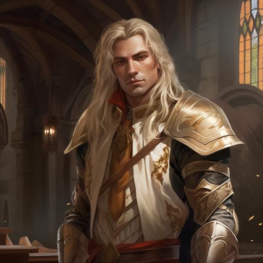Dungeons and dragons wise-looking adult male high elf, wearing elven light armor with fancy clothes, realistic cartoon style, long blonde hair.