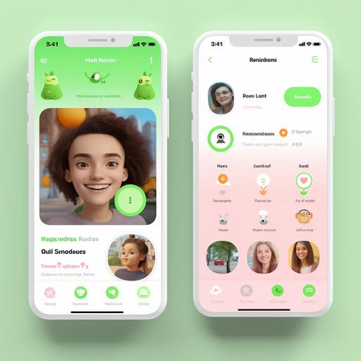 Duolingo-themed application interface, video and chat screen, Pink and Green, iphone, IOS, user interface, Figma