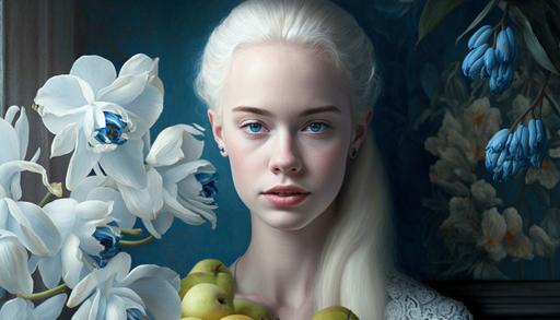 Dutch Still life of orchids and island fruits, gorgeous white-haired girl with stunning blue eyes --ar 16:9