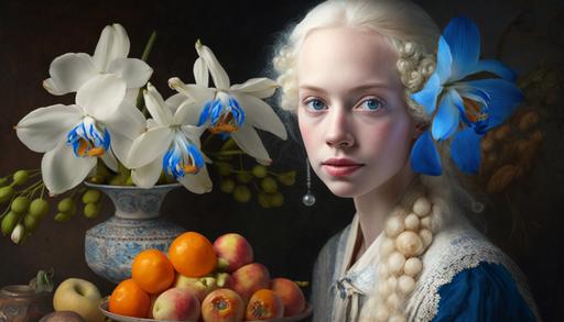 Dutch Still life of orchids and island fruits, gorgeous white-haired girl with stunning blue eyes --ar 16:9