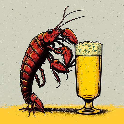 cartoon crawfish, holding a glass of beer, posterized, beach style paint, red, yellow