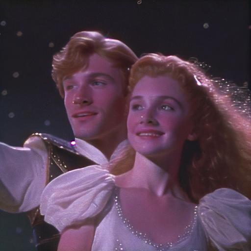 Dvd screengrab from 1986 fantasy film, scene with a handsome young teen fairy with wavy auburn hair and wearing 14th-century gold royal clothing, smiling at a beautiful 20-year-old teen with long strawberry-blonde hair wearing a white dress, flying in the air, from a distance, shot from afar, full body, stars, moonlight, golden glow, trail of magic, magical glow, golden streaks, cinematic lighting, volumetric lighting, 80s cinema, 8k, 35mm, film, 35mm film, film grain, hdr, hr --upbeta --v 4