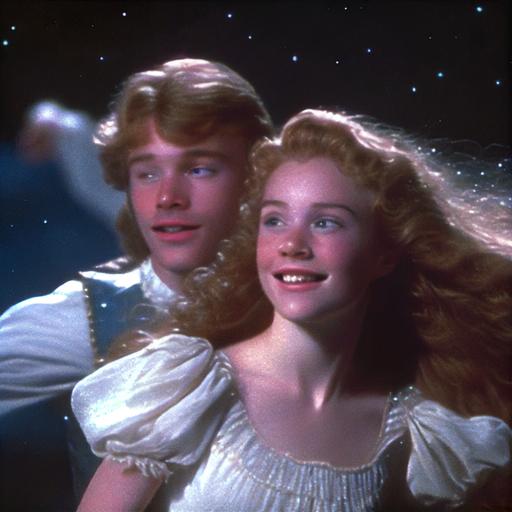 Dvd screengrab from 1986 fantasy film, scene with a handsome young teen fairy with wavy auburn hair and wearing 14th-century gold royal clothing, smiling at a beautiful 20-year-old teen with long strawberry-blonde hair wearing a white dress, flying in the air, from a distance, shot from afar, full body, stars, moonlight, golden glow, trail of magic, magical glow, golden streaks, cinematic lighting, volumetric lighting, 80s cinema, 8k, 35mm, film, 35mm film, film grain, hdr, hr --upbeta --v 4
