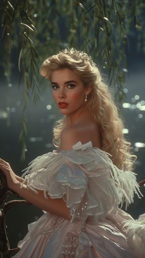 Dvd screengrab from 1986 film, scene with a beautiful 21-year-old blonde woman (teenage Brooke Shields, amber Heard), 80s hair, labyrinth-inspired fantasy ballgown, 80s ballgown, mutton sleeves, big sleeves, off-shoulder, petal-like sleeves, feather appliques, swan-lake inspired, ethereal, llight-blue, light-purple, light-pink, blue-purple-pink, ribbons, satin, holographic, shimmering, aquamarine, pearls, pearls in hair, swan-lake inspired, swans, ballet-core, pastel colors, aquamarines, sapphires, in a dark forest, by a bridge above a lake, willow tree, moon, moonlight, cinematic lighting, volumetric lighting, 80s glow, blue glow, 80s film grain, 70mm film, film grain --v 6.0 --ar 9:16