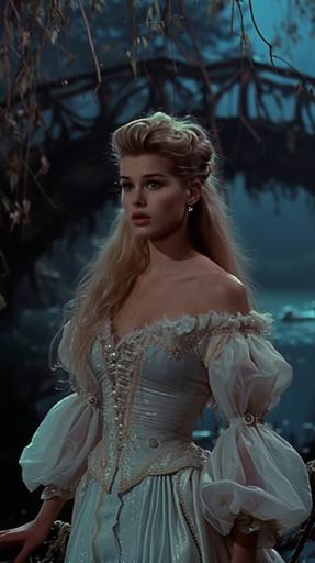 Dvd screengrab from 1986 film, scene with a beautiful 21-year-old blonde woman (teenage Brooke Shields, amber Heard), 80s hair, labyrinth-inspired fantasy ballgown, 80s ballgown, mutton sleeves, big sleeves, off-shoulder, feather appliques, swan-lake inspired, ethereal, light-blue, light-purple, light-pink, blue-purple-pink, ribbons, satin, holographic, shimmering, aquamarine, pearls, pearls in hair, swan-lake inspired, swans, ballet-core, pastel colors, aquamarines, sapphires, in a dark forest, by a bridge above a lake, willow tree, moon, moonlight, cinematic lighting, volumetric lighting, 80s glow, blue glow, 80s film grain, 70mm film, film grain --v 6.0 --ar 9:16