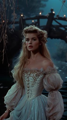 Dvd screengrab from 1986 film, scene with a beautiful 21-year-old blonde woman (teenage Brooke Shields, amber Heard), 80s hair, labyrinth-inspired fantasy ballgown, 80s ballgown, mutton sleeves, big sleeves, off-shoulder, feather appliques, swan-lake inspired, ethereal, light-blue, light-purple, light-pink, blue-purple-pink, ribbons, satin, holographic, shimmering, aquamarine, pearls, pearls in hair, swan-lake inspired, swans, ballet-core, pastel colors, aquamarines, sapphires, in a dark forest, by a bridge above a lake, willow tree, moon, moonlight, cinematic lighting, volumetric lighting, 80s glow, blue glow, 80s film grain, 70mm film, film grain --v 6.0 --ar 9:16