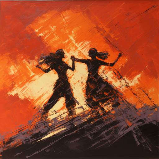 Dynamic Duals: Picture two silhouetted figures, perhaps at the precipice of a momentous decision or action, conveying the essence of 'doubling' in the dare. Elements of Audacity: Symbols that exude boldness – roaring flames, precarious tightropes, or swirling gusts of wind. Palette of Passion: Deep fiery reds capturing the dare's spirit, blues painting the depths of uncertainty, and blacks echoing the mystery of what might follow.