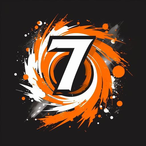 Dynamic Number Burst: Design an orange and white sports shirt with a prominent number 7 logo at the center. Surround the number with dynamic bursts of energy in contrasting colors. Use bold, angular typography for the team name or slogan to enhance the overall impact.