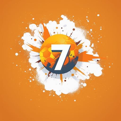 Dynamic Number Burst: Design an orange and white sports shirt with a prominent number 7 logo at the center. Surround the number with dynamic bursts of energy in contrasting colors. Use bold, angular typography for the team name or slogan to enhance the overall impact.