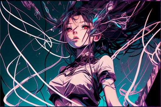 Dynamic pose, zoomed out, high contrast, sharp focus, best quality, masterpiece, highres, extremely detailed girl, solo, best quality, cinematic lighting, light smile, closed mouth, beautiful detailed eyes, masterpiece illustration, heterochromia eyes, Vaporwave color palette, high contrast, Woman suspended, Japanese, Clean lines, clean shapes, wires, cables, dream, no blending, no overlap, Low-poly wireframe translucent color prism woman with slim feminine features, surrounded by floral cherryblossom, wireframe shapes, loud, reaching out from 3dcg lotus flower, black background, vivid neon colors, 3d render, artstation, rope --v 4 --ar 3:2