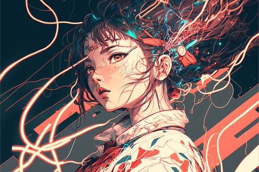 Dynamic pose, zoomed out, high contrast, sharp focus, best quality, masterpiece, highres, extremely detailed girl, solo, best quality, cinematic lighting, light smile, closed mouth, beautiful detailed eyes, masterpiece illustration, heterochromia eyes, Vaporwave color palette, high contrast, Woman suspended, Japanese, Clean lines, clean shapes, wires, cables, dream, no blending, no overlap, Low-poly wireframe translucent color prism woman with slim feminine features, surrounded by floral cherryblossom, wireframe shapes, loud, reaching out from 3dcg lotus flower, black background, vivid neon colors, 3d render, artstation, rope --v 4 --ar 3:2