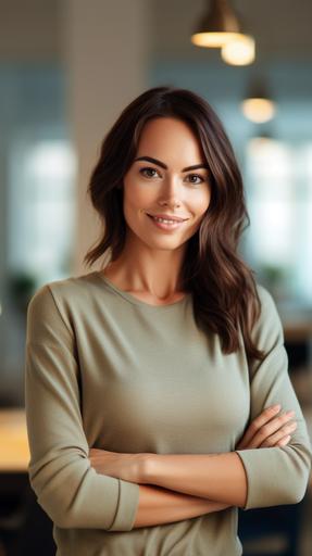 Photo of a confident professional in a modern, woman, busty, happy, smile, minimalist office setting, making direct eye contact with the camera, --v 5.1 --ar 9:16