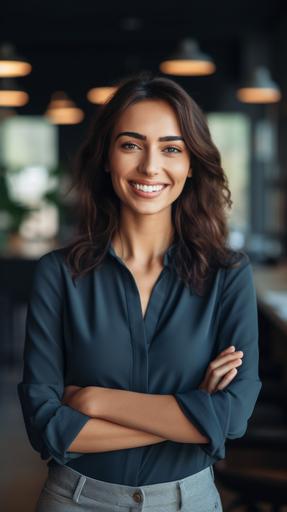 Photo of a confident professional in a modern, woman, busty, happy, smile, minimalist office setting, making direct eye contact with the camera, --v 5.1 --ar 9:16