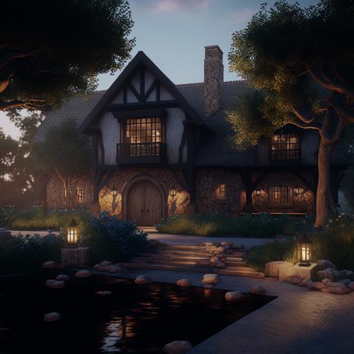 a modern rustic mansion, exterior in the style of Bree Lord of the Rings, Bree landscape, river trees, Bree, Tudor architecture, Backlight, Natural Lighting, Incandescent, Moody Lighting, Cinematic Lighting, Studio Lighting, Soft Lighting, Volumetric, Beautiful Lighting, Accent Lighting, Global Illumination, Screen Space Global Illumination, Ray Tracing Global Illumination, Optics, Scattering, Glowing, Shadows, Rough, Shimmering, Ray Tracing Reflections, Lumen Reflections, Screen Space Reflections, Diffraction Grading, Chromatic Aberration, Post Processing, Post-Production, Cell Shading, Tone Mapping, insanely detailed and intricate, hyper maximalist, elegant, hyper-realistic, super detailed, dynamic pose, photography, volumetric, photorealistic, ultra photoreal, ultra-detailed, intricate details, ambient occlusion, sherif, pixelart, volumetric lighting, high contrast, HDR, 8K