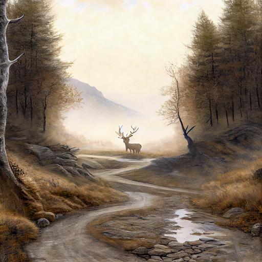 a small medieval road in the wilderness, with a Elk crossing, in the style of Alan Lee, detailed foreground --upbeta --v 4