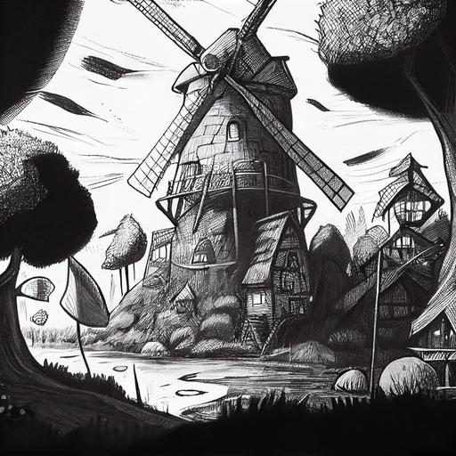 ink drawing, comic cover, Windmill, cartoon environment, black and white, no trees, Shrek, neon, 90's aesthetic, detailed, 8k, hyper quality, --upbeta --v 4
