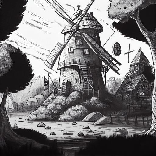 ink drawing, comic cover, Windmill, cartoon environment, black and white, no trees, Shrek, neon, 90's aesthetic, detailed, 8k, hyper quality, --upbeta --v 4